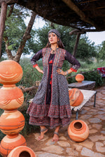 Thumbnail for Juniper Black Embroidered Double-Layered Long Dress With Inner & Mirror Work