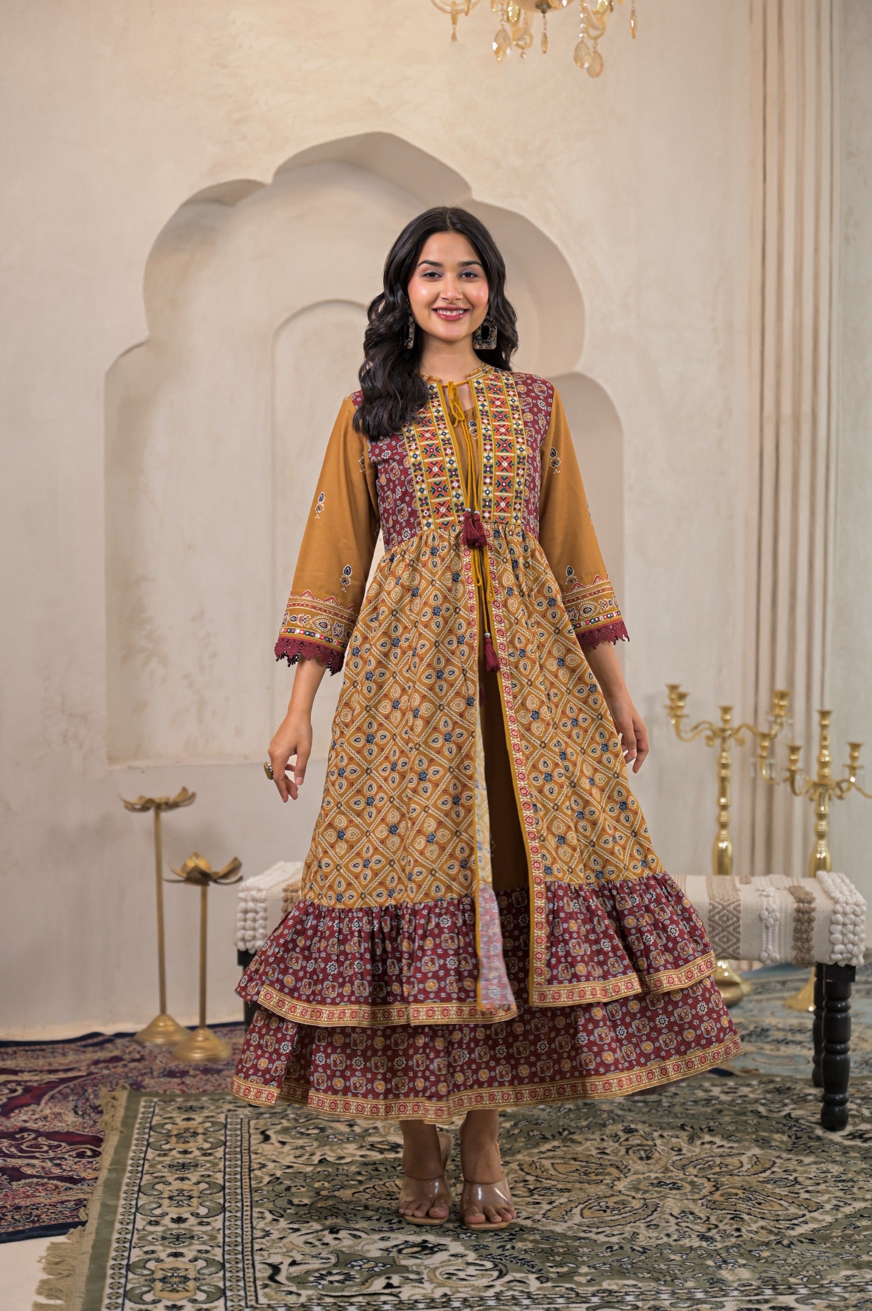Juniper Mustard Man Made Fiber Ethnic Double Layered Flared Long Dress With Inner & Mirror Thread Work