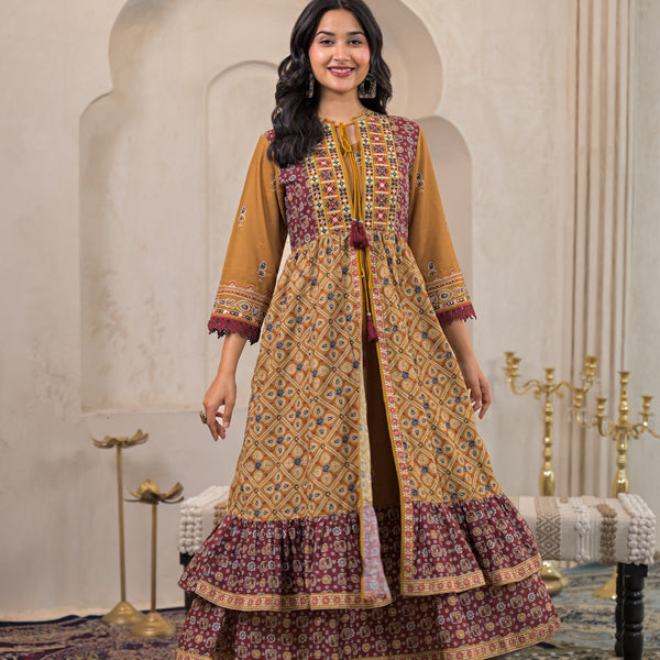 Juniper Mustard Man Made Fiber Ethnic Double Layered Flared Long Dress With Inner & Mirror Thread Work