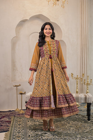 Juniper Mustard Man Made Fiber Ethnic Double Layered Flared Long Dress With Inner & Mirror Thread Work