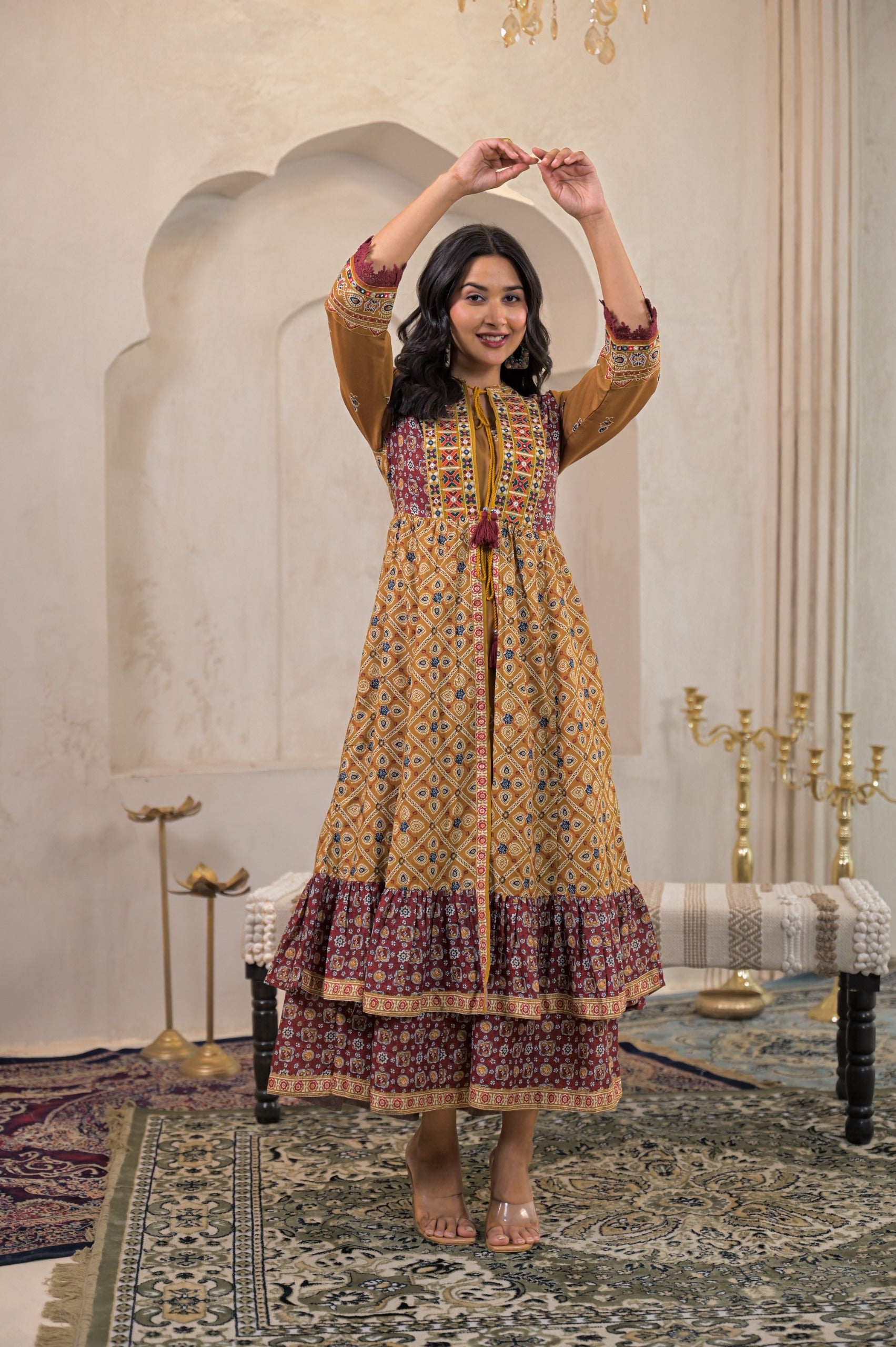 Juniper Mustard Man Made Fiber Ethnic Double Layered Flared Long Dress With Inner & Mirror Thread Work