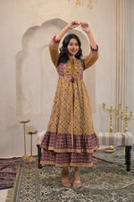 Thumbnail for Juniper Mustard Man Made Fiber Ethnic Double Layered Flared Long Dress With Inner & Mirror Thread Work