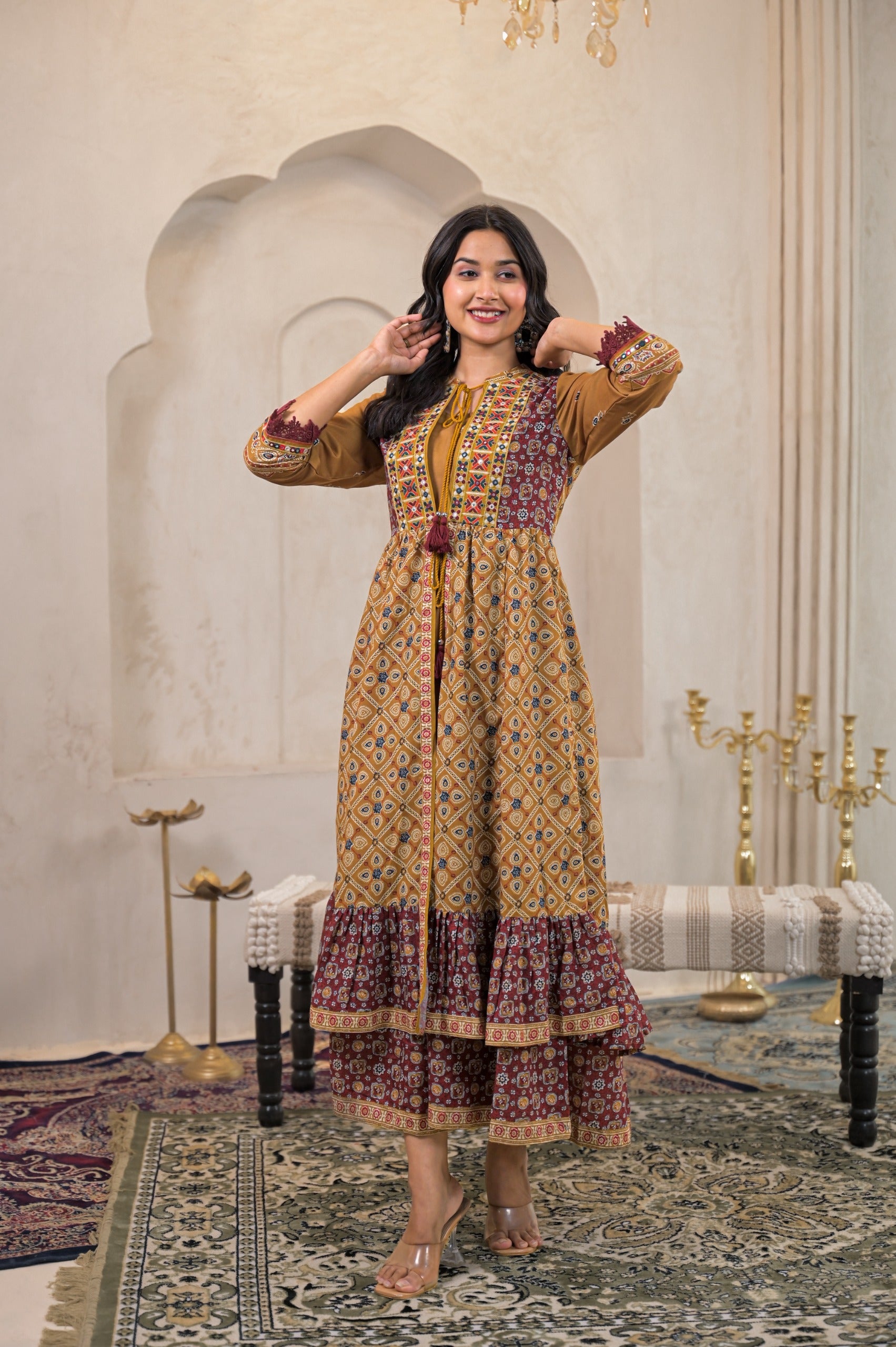 Juniper Mustard Man Made Fiber Ethnic Double Layered Flared Long Dress With Inner & Mirror Thread Work
