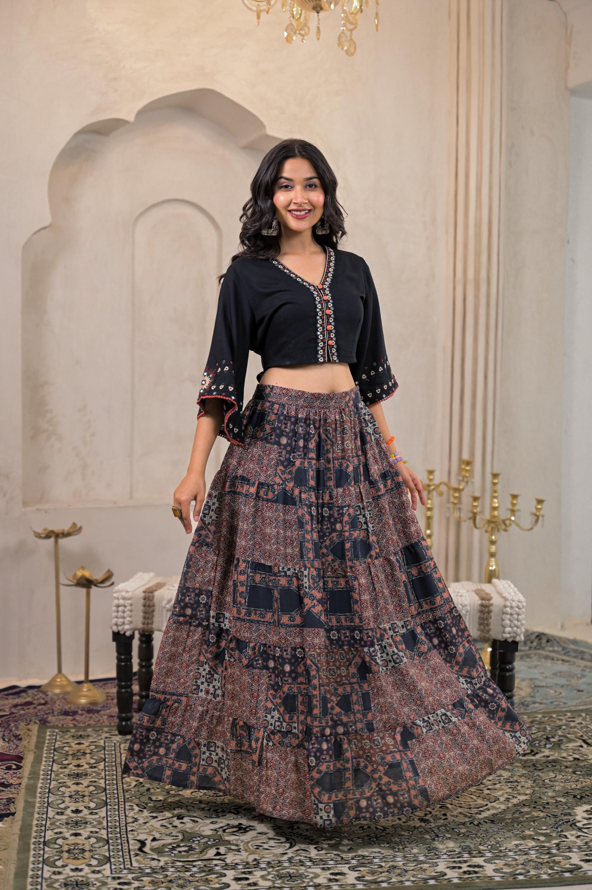 Juniper Black Mirror Work Crop Top With Printed Flared Skirt Set