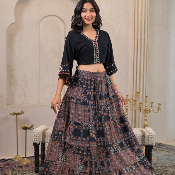Juniper Black Mirror Work Crop Top With Printed Flared Skirt Set