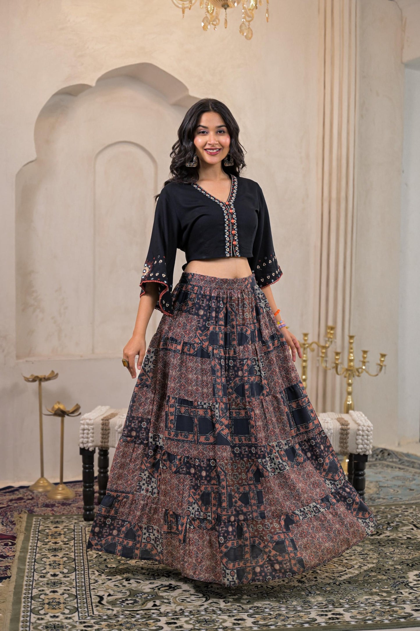 Juniper Black Mirror Work Crop Top With Printed Flared Skirt Set - Distacart