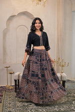 Thumbnail for Juniper Black Mirror Work Crop Top With Printed Flared Skirt Set