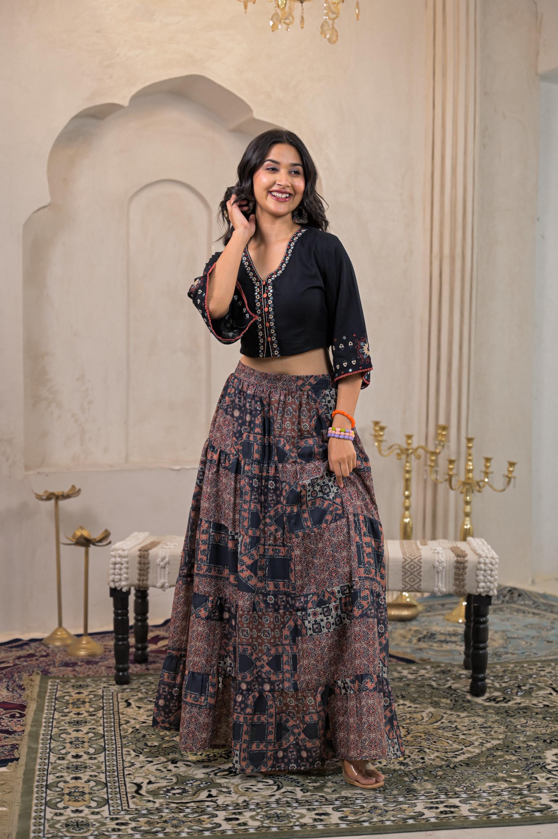 Juniper Black Mirror Work Crop Top With Printed Flared Skirt Set