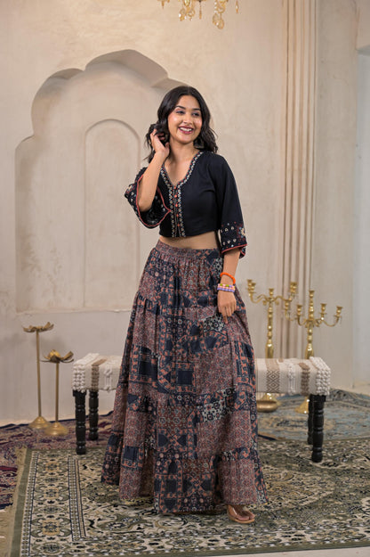 Juniper Black Mirror Work Crop Top With Printed Flared Skirt Set - Distacart