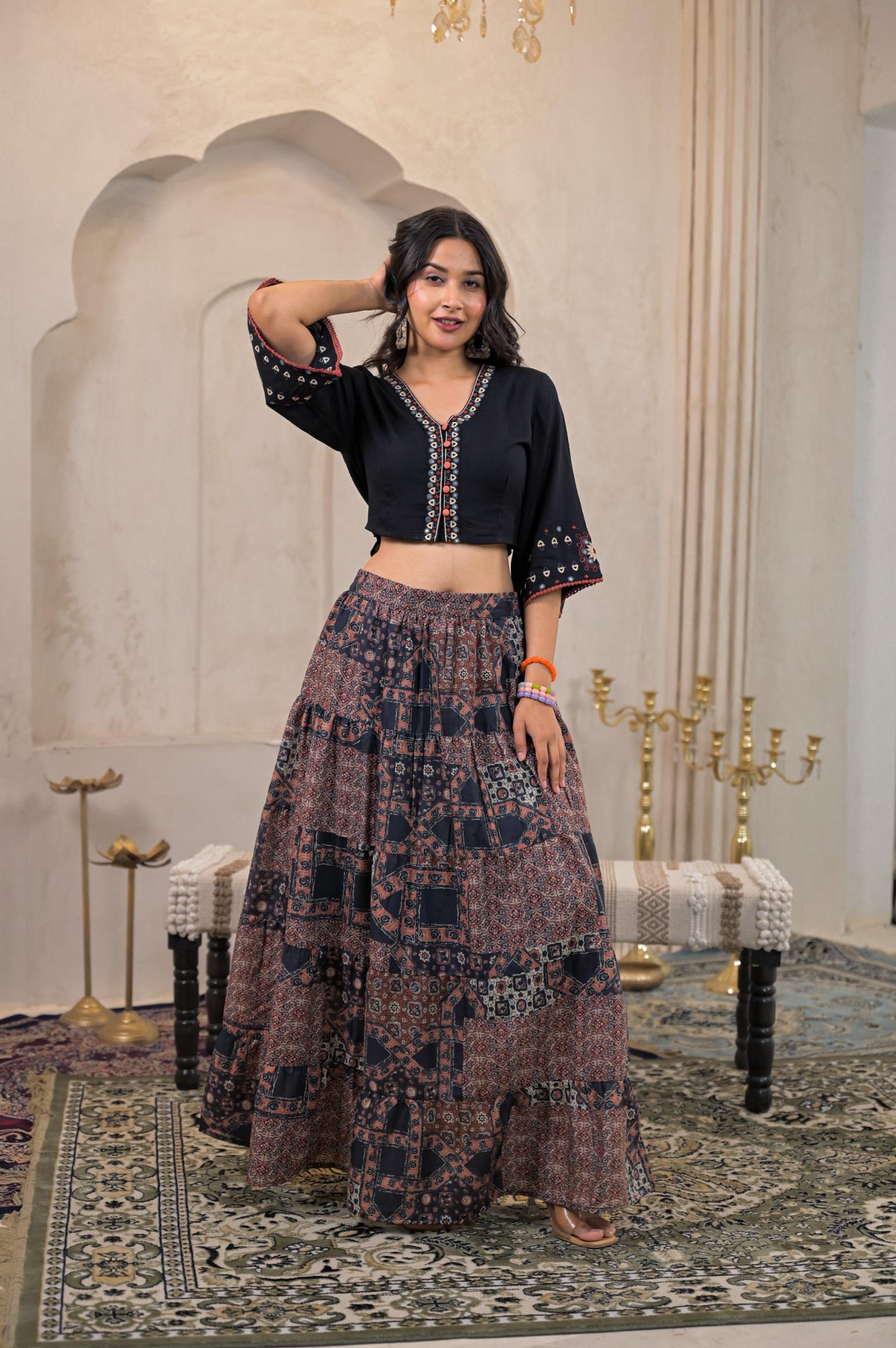 Juniper Black Mirror Work Crop Top With Printed Flared Skirt Set - Distacart