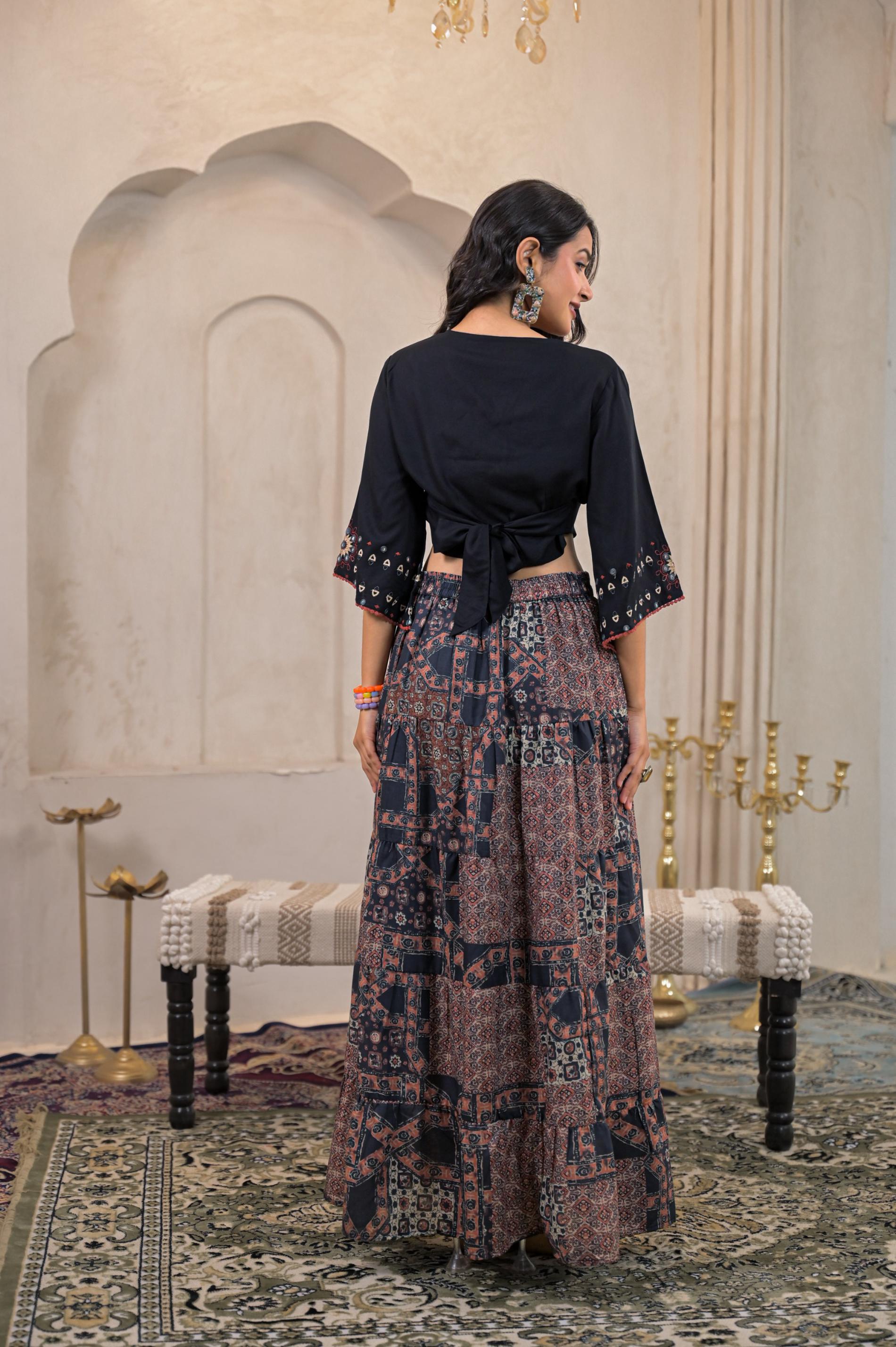 Juniper Black Mirror Work Crop Top With Printed Flared Skirt Set