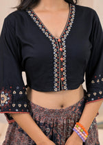 Thumbnail for Juniper Black Mirror Work Crop Top With Printed Flared Skirt Set