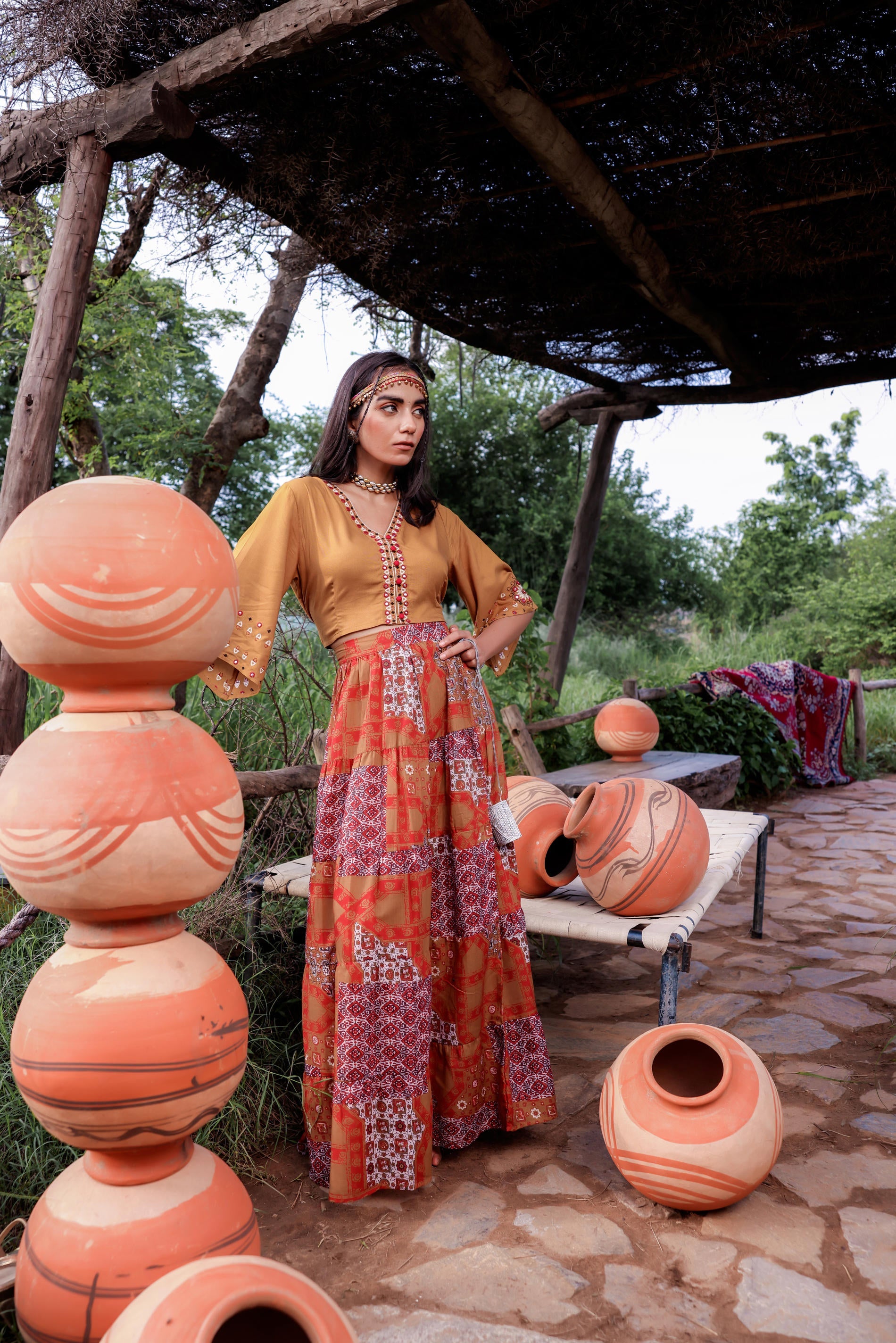 Juniper Mustard Floral Embroidered Co-Ord Set With Mirror & Thread Work