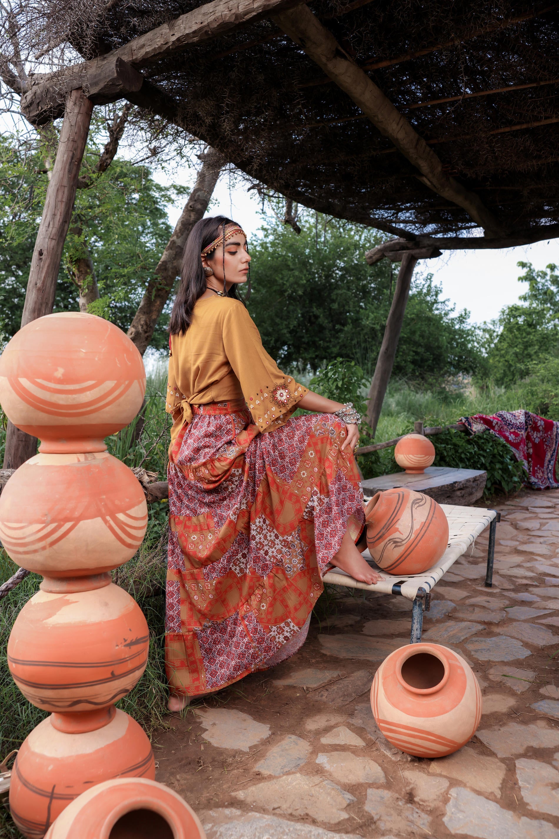 Juniper Mustard Floral Embroidered Co-Ord Set With Mirror & Thread Work
