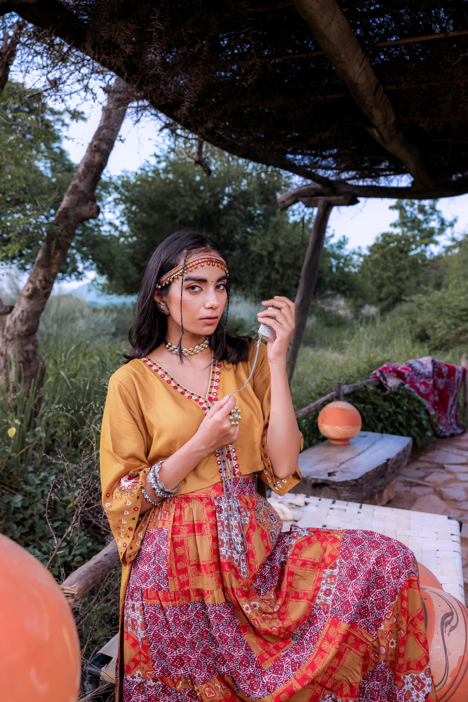 Juniper Mustard Floral Embroidered Co-Ord Set With Mirror & Thread Work