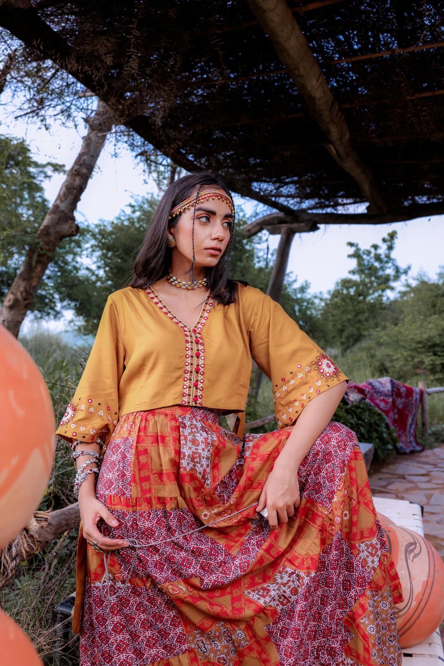 Juniper Mustard Floral Embroidered Co-Ord Set With Mirror & Thread Work - Distacart