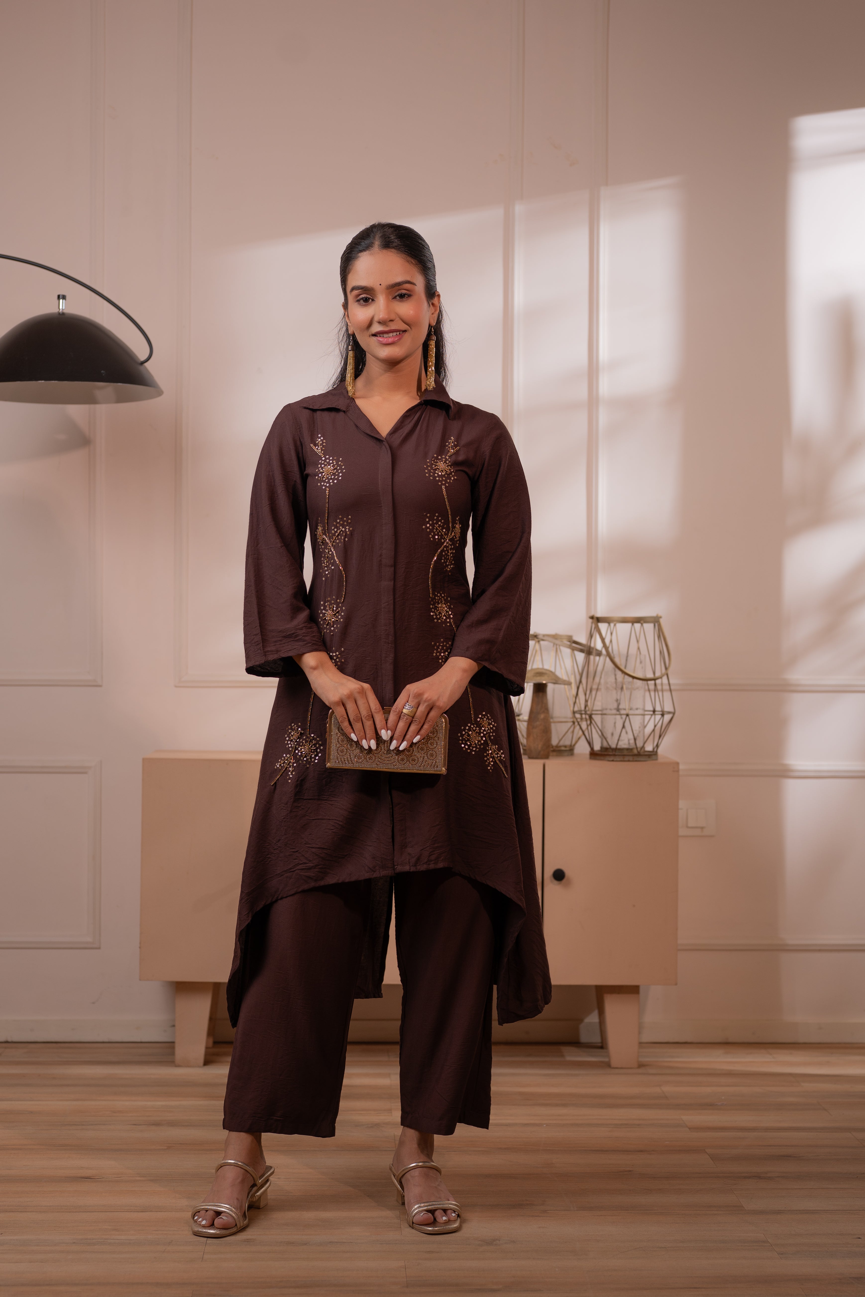 Juniper Modern Chocolate Brown Indo-Fusion Co-Ord Set - Distacart