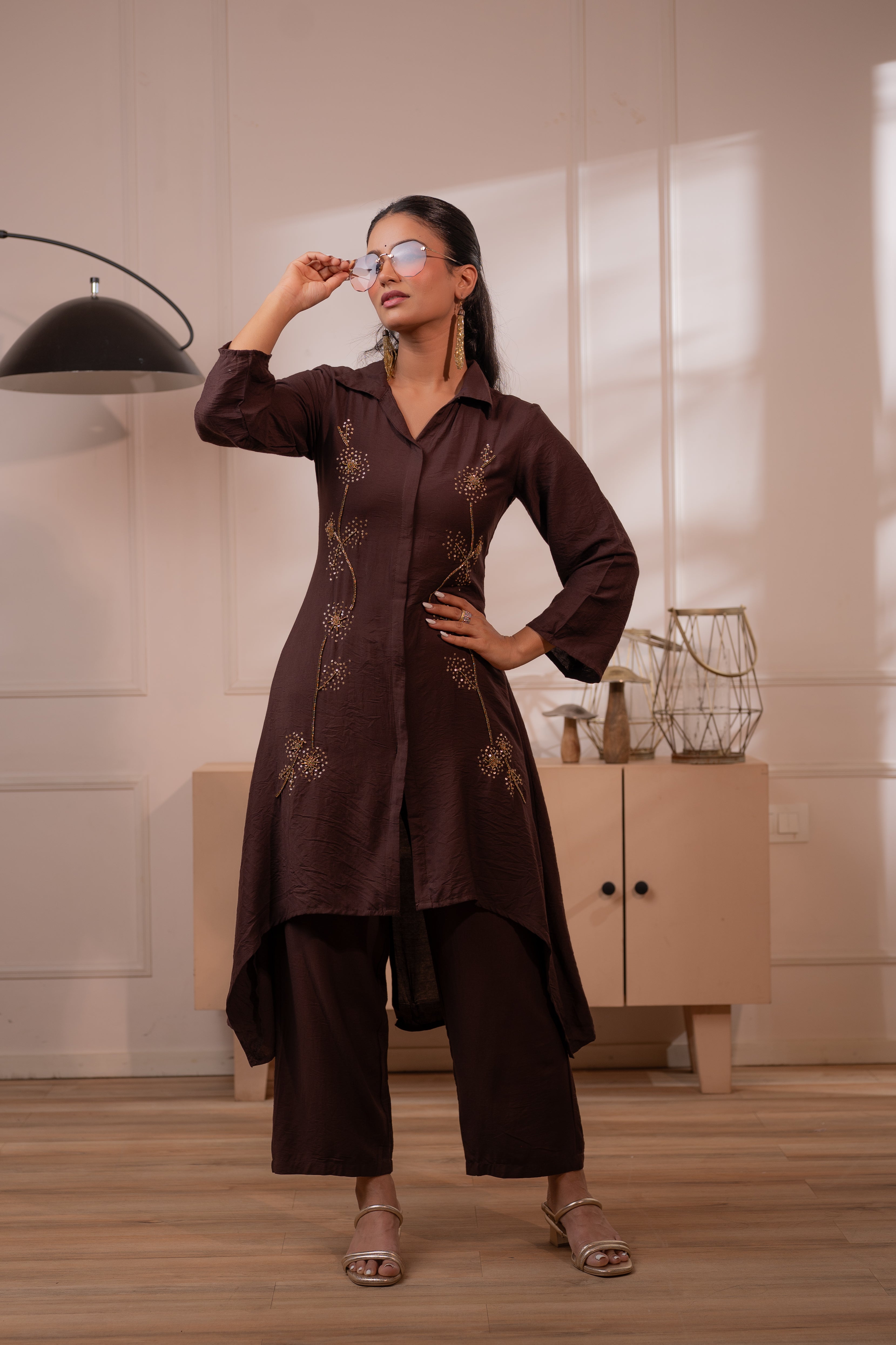 Juniper Modern Chocolate Brown Indo-Fusion Co-Ord Set - Distacart