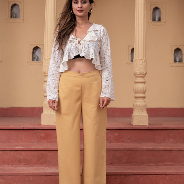 Juniper Women'S Beige Solid Straight Cotton Pant With Pocket