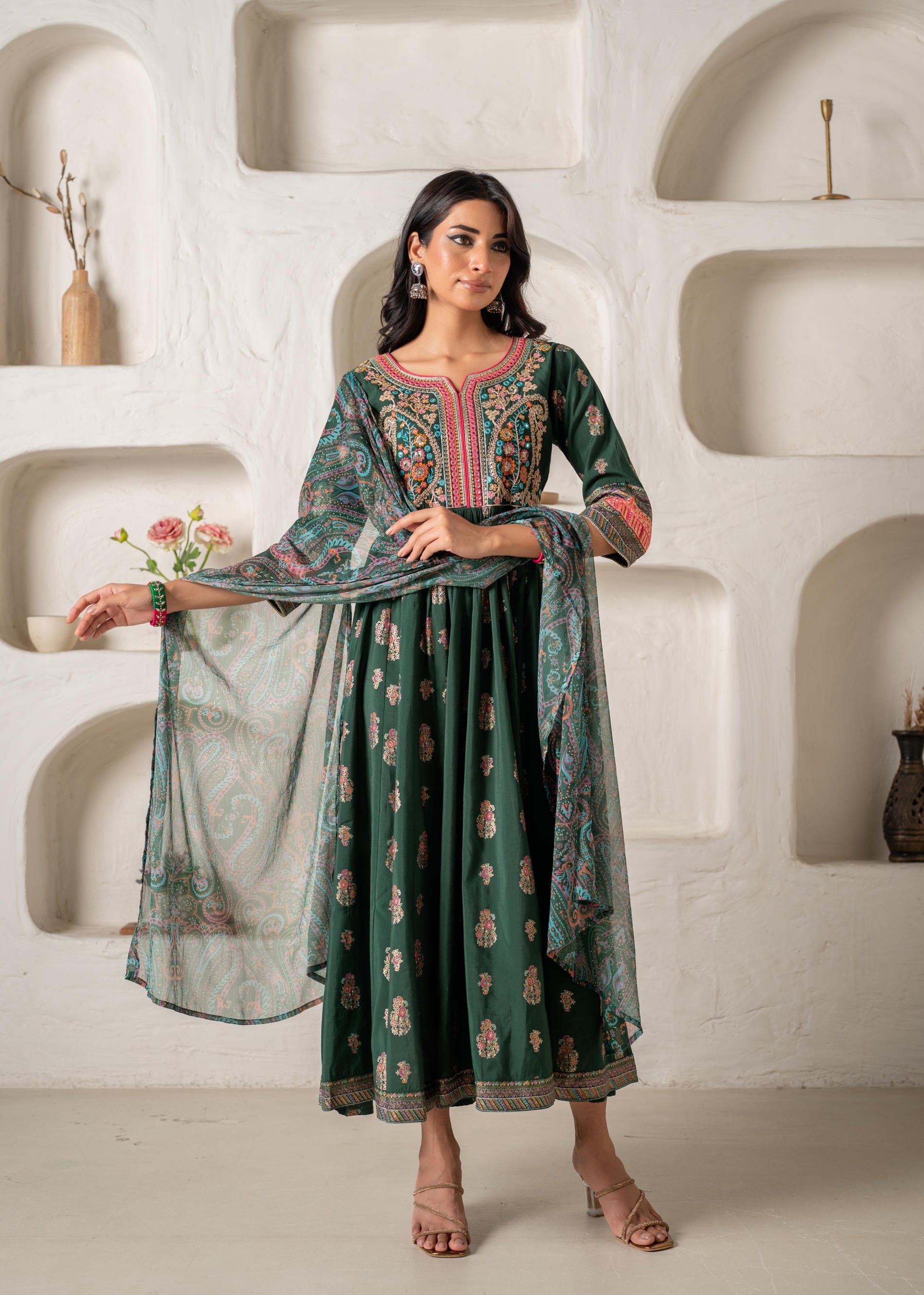 Juniper Jade Green Ethnic Motif Embroidered Fit & Flared Kurta Dupatta Set With Zari & Mirror Work
