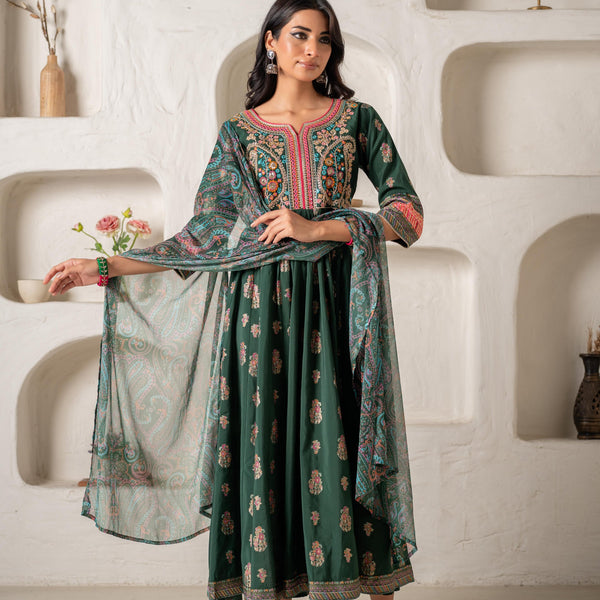 Juniper Jade Green Ethnic Motif Embroidered Fit & Flared Kurta Dupatta Set With Zari & Mirror Work