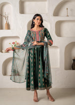 Thumbnail for Juniper Jade Green Ethnic Motif Embroidered Fit & Flared Kurta Dupatta Set With Zari & Mirror Work