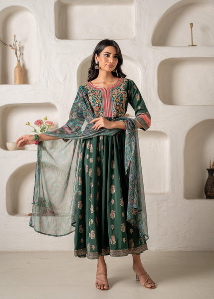Juniper Jade Green Ethnic Motif Embroidered Fit & Flared Kurta Dupatta Set With Zari & Mirror Work