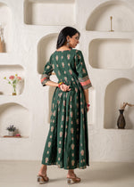 Thumbnail for Juniper Jade Green Ethnic Motif Embroidered Fit & Flared Kurta Dupatta Set With Zari & Mirror Work
