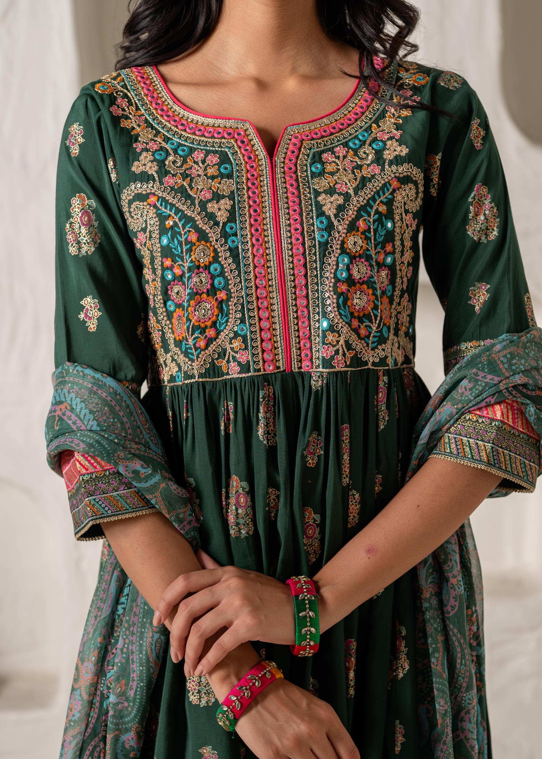 Juniper Jade Green Ethnic Motif Embroidered Fit & Flared Kurta Dupatta Set With Zari & Mirror Work