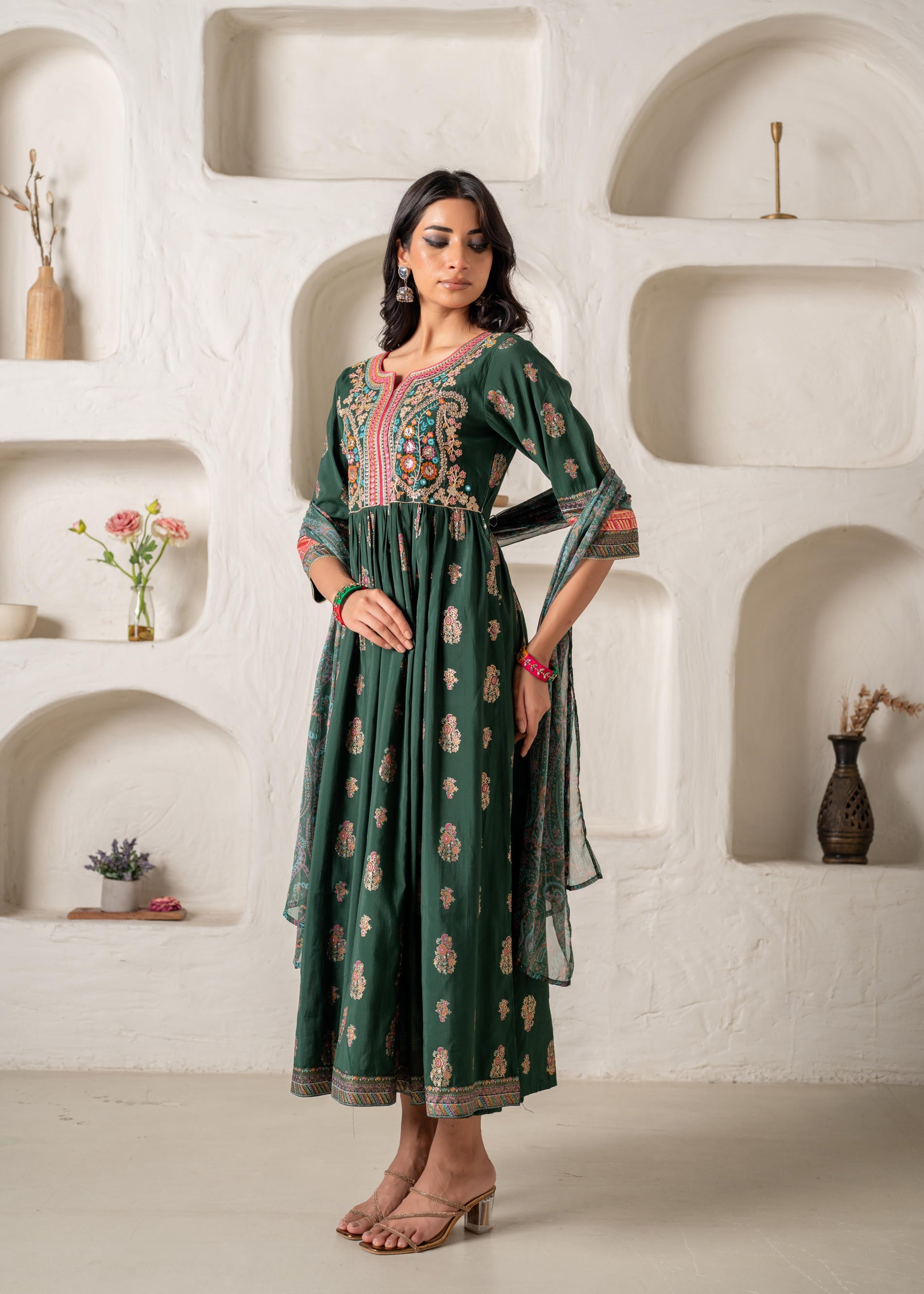 Juniper Jade Green Ethnic Motif Embroidered Fit & Flared Kurta Dupatta Set With Zari & Mirror Work