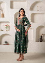 Thumbnail for Juniper Jade Green Ethnic Motif Embroidered Fit & Flared Kurta Dupatta Set With Zari & Mirror Work
