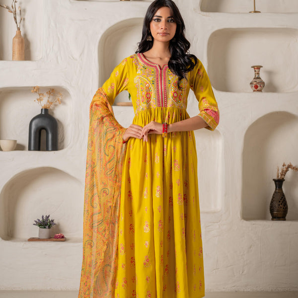 Juniper Mustard Yellow Embroidered Anarkali Kurta With Printed Dupatta