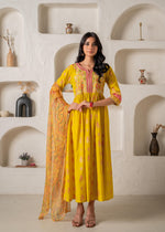Thumbnail for Juniper Mustard Yellow Embroidered Anarkali Kurta With Printed Dupatta