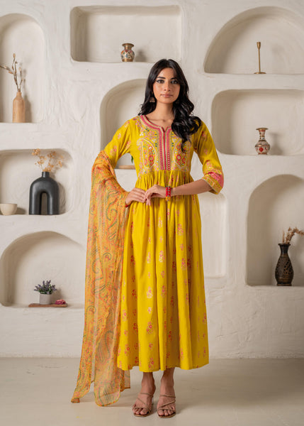 Juniper Mustard Yellow Embroidered Anarkali Kurta With Printed Dupatta