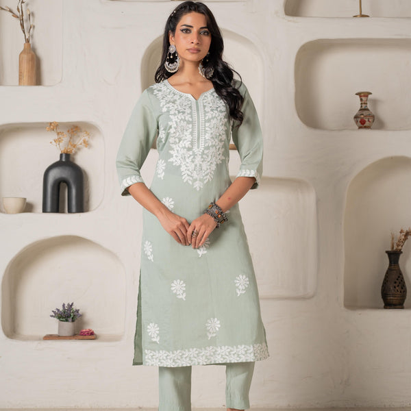 Juniper Mint Solid Embroidered Straight Kurta Pant Set With Thread Work