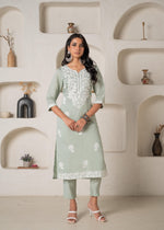Thumbnail for Juniper Mint Solid Embroidered Straight Kurta Pant Set With Thread Work