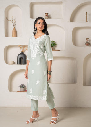 Juniper Mint Solid Embroidered Straight Kurta Pant Set With Thread Work
