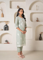 Thumbnail for Juniper Mint Solid Embroidered Straight Kurta Pant Set With Thread Work