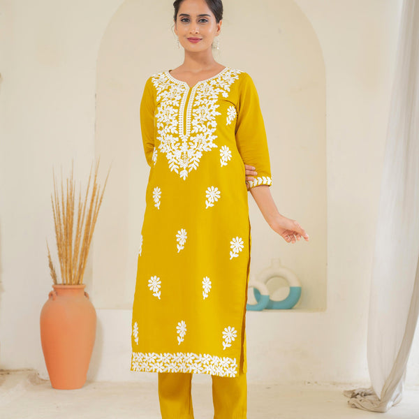 Juniper Mustard Solid Embroidered Straight Kurta Pant Set With Thread Work - Distacart