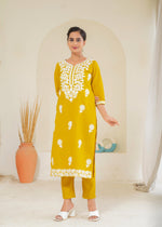 Thumbnail for Juniper Mustard Solid Embroidered Straight Kurta Pant Set With Thread Work - Distacart