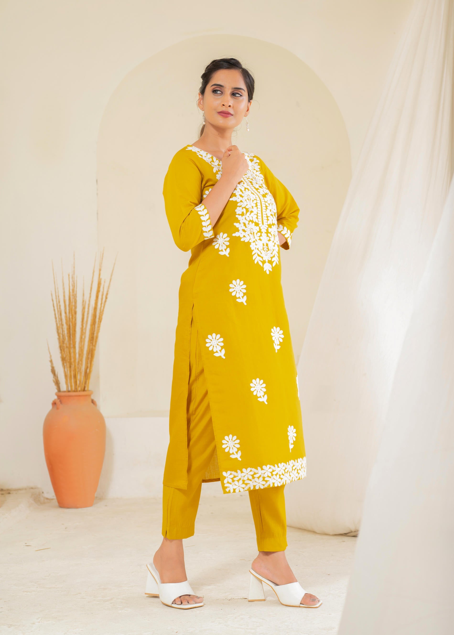 Juniper Mustard Solid Embroidered Straight Kurta Pant Set With Thread Work