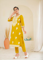 Thumbnail for Juniper Mustard Solid Embroidered Straight Kurta Pant Set With Thread Work