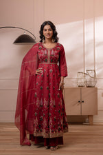 Thumbnail for Juniper Embroidered Maroon Long Kurta And Skirt With Dupatta