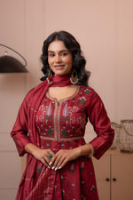 Thumbnail for Juniper Embroidered Maroon Long Kurta And Skirt With Dupatta