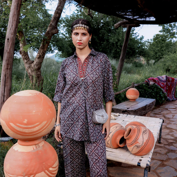 Juniper Black Floral Embroidered Co-Ord Set With Tunic & Printed Pants