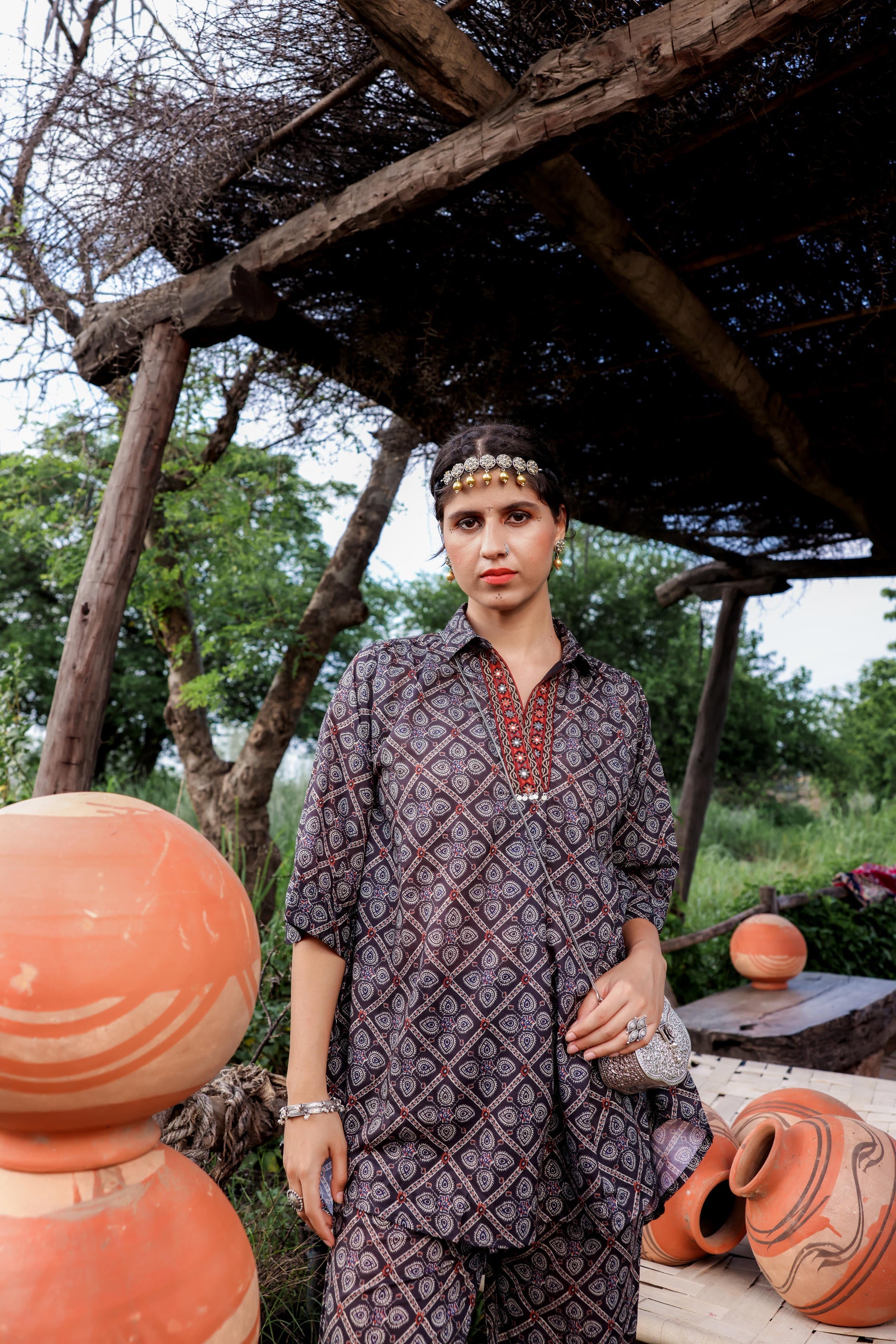Juniper Black Floral Embroidered Co-Ord Set With Tunic & Printed Pants