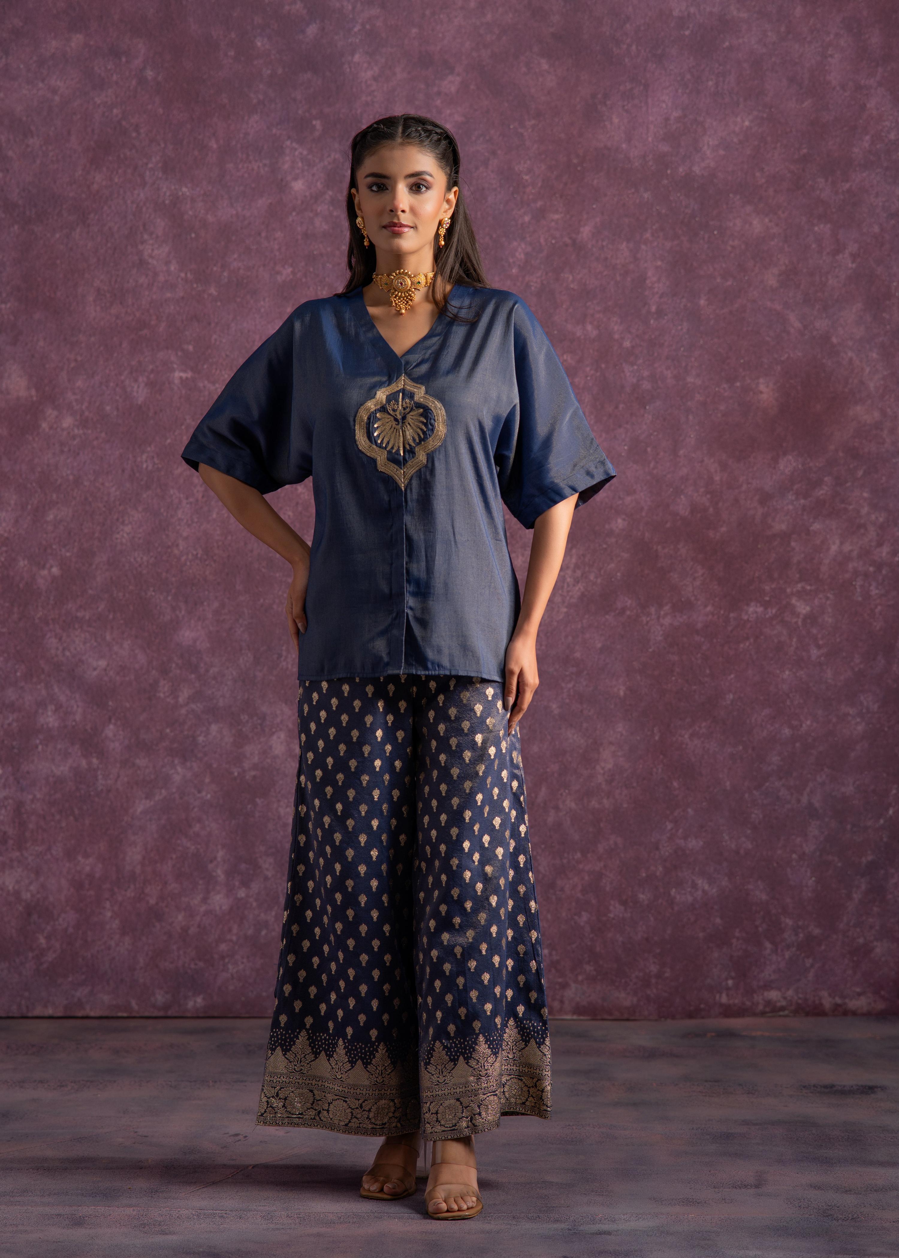 Juniper Indigo Viscose Solid A-Line Tunic With Pants Co-Ord Set With Zari & Sequence Work