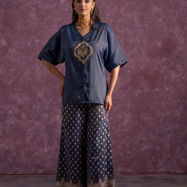 Juniper Indigo Viscose Solid A-Line Tunic With Pants Co-Ord Set With Zari & Sequence Work