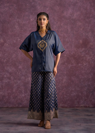 Juniper Indigo Viscose Solid A-Line Tunic With Pants Co-Ord Set With Zari & Sequence Work