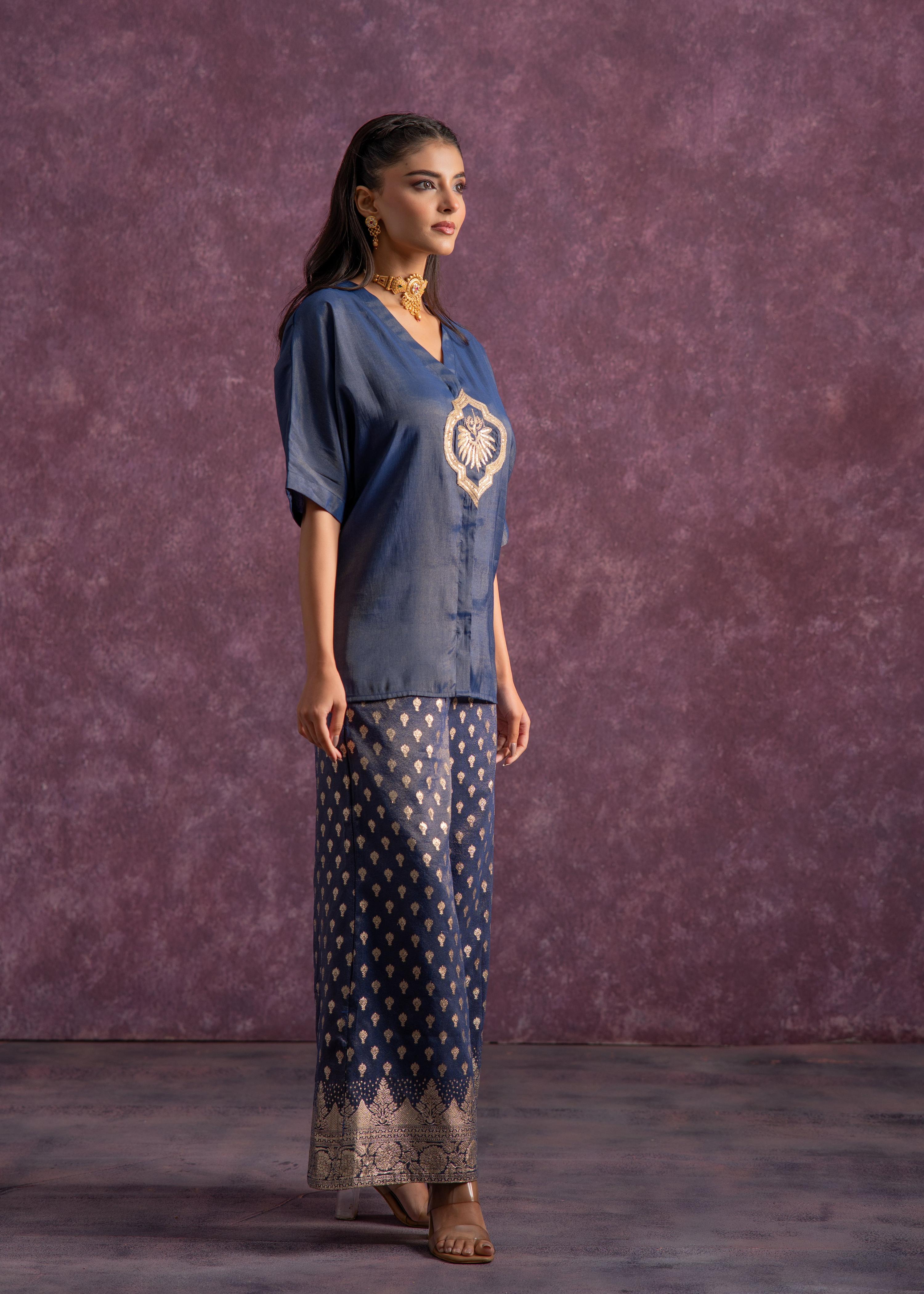 Juniper Indigo Viscose Solid A-Line Tunic With Pants Co-Ord Set With Zari & Sequence Work